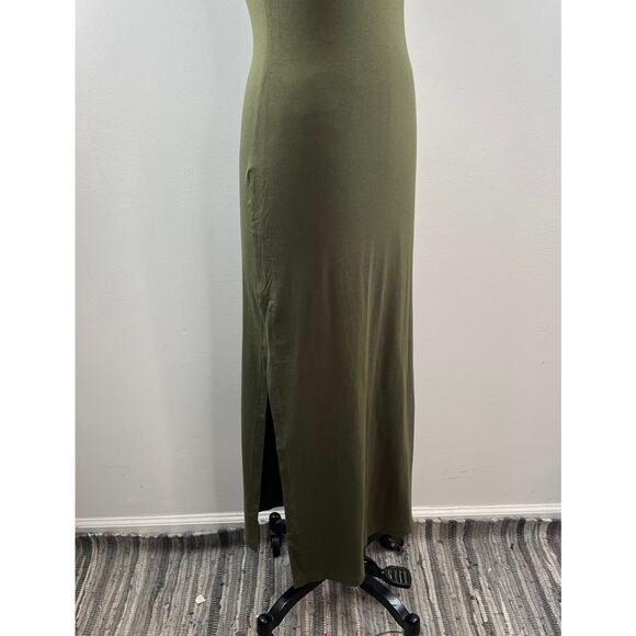 THEORY Olive Green Bodycon Dress Stretch Side Slit Crew Neck Size S P Small - Picture 5 of 10